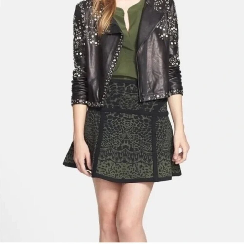 Diane Von Furstenberg Animal Print Jacquard Knit Green Black Flare Mini Skirt L